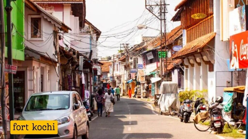 Scenic view of Fort Kochi with its iconic Chinese fishing nets and colonial buildings.