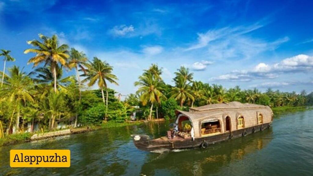 Houseboats floating on the serene backwaters of Alappuzha at sunset